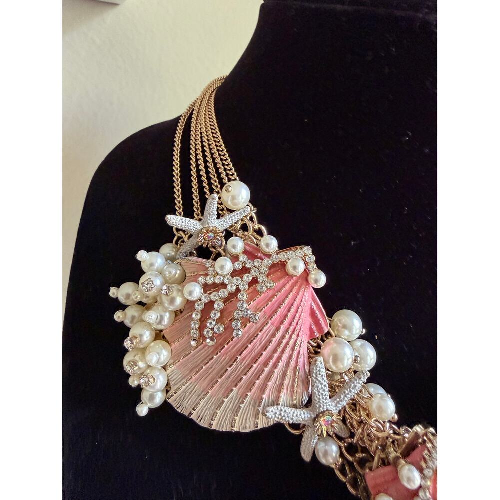 Betsey Johnson Shell Necklace Starfish Pearl Pink Gold Statement Chunky - Picture 6 of 11